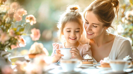 Mother and Child Having a Tea Party in the Garden