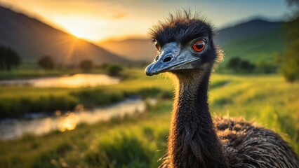 A close-up of an emu in the wild, with its expressive eyes and textured feathers, set against a golden sunset, capturing the wild beauty of this unique bird