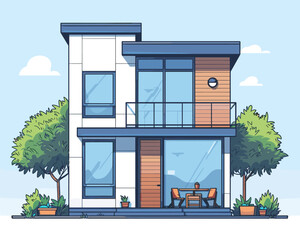 Naklejka premium Modern apartment building with trees and bushes. Flat style vector illustration.