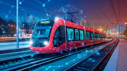Smart City Transit Modern Tram Network, IoT, Night Scene