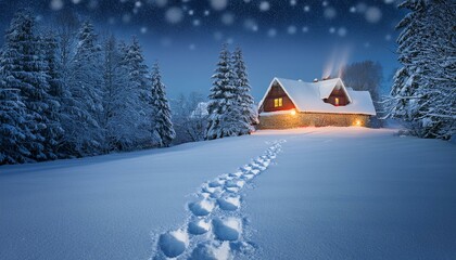 Fototapeta premium Santa’s Footprints in the Snow walking to a House