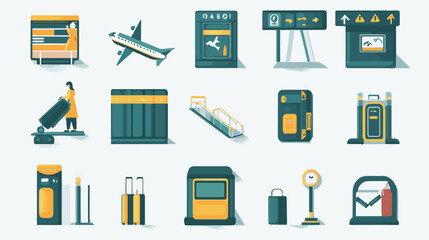 Airport icons flat set with baggage check airplane security control vector illustration.