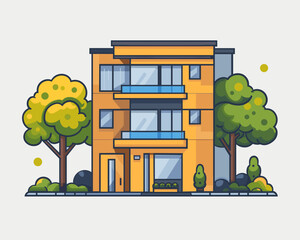 Naklejka premium Modern apartment building with trees and bushes. Flat style vector illustration.