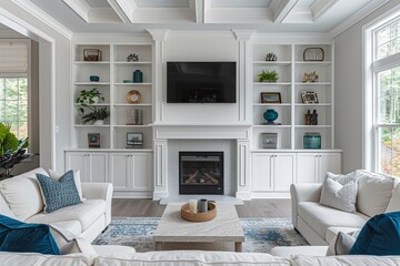 Fototapeta premium Modern white and blue living room with built-in shelves and a TV above the fireplace, featuring bright daylight and designer-inspired decor.