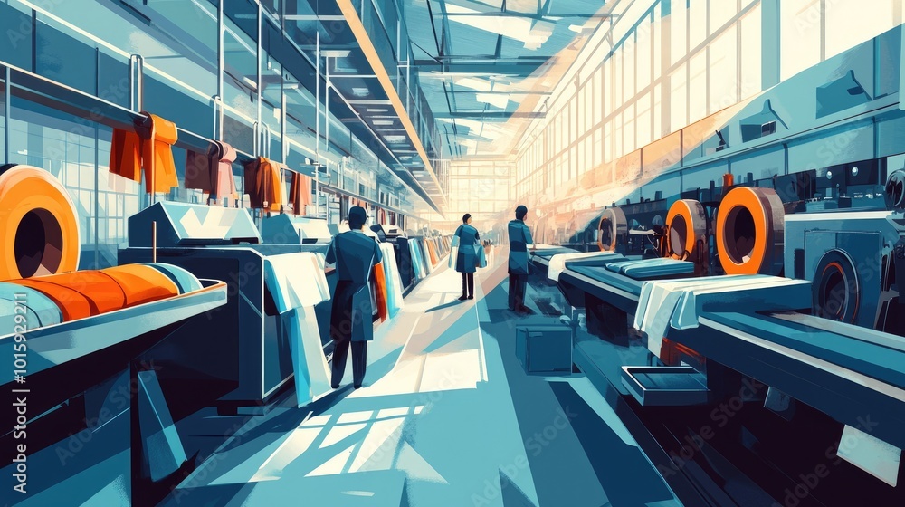 Aufkleber an industrial textile production line with workers and machines processing fabric, reflecting the ef