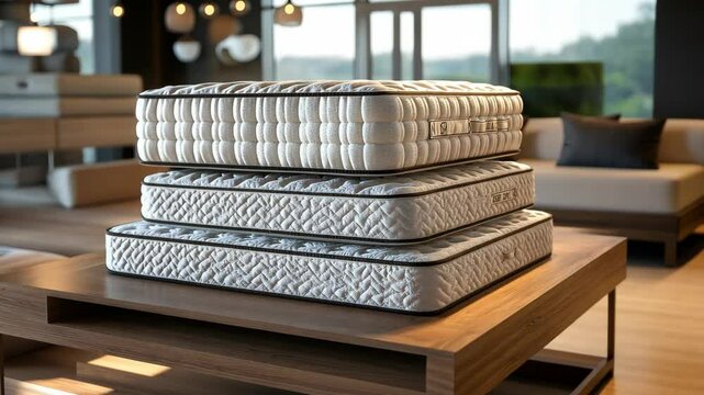 Three mattresses are stacked on top of a wooden coffee table in a modern home