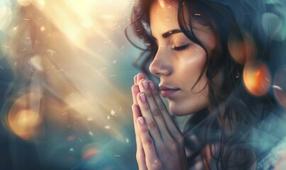 Naklejka premium Woman praying on beautiful glowing background, religious concept