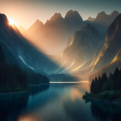 Serene Sunrise Over Mountain Lake