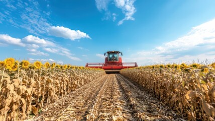 Obraz premium A picturesque scene of vast fields of sunflowers being harvested under a bright blue sky.