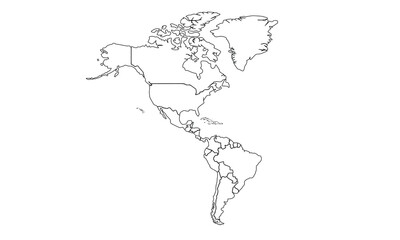 Americas Map outline sketch isolated on white. Thin hand drawn black line contour. Vector Illustration Isolated.