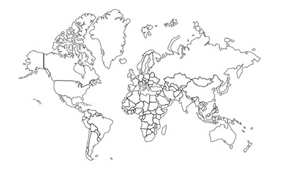 World map outline map with district border. Hand drawn illustration.