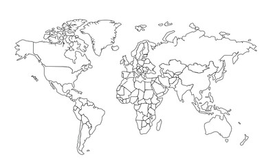 Simple hand drawn world map stylish continents shadows in minimal lines outline thin shapes isolated vector illustration on white background design element template for laser cutting