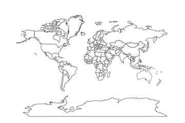 world map outline, linear doodle illustration