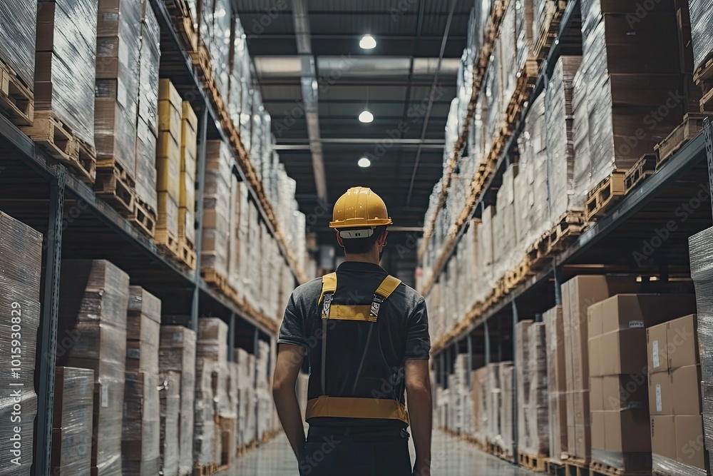 Poster worker in a warehouse with boxes. shows the scale and work required in a warehouse.
