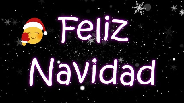 Felicitaci&oacute;n de navidad en espa&ntilde;ol con letras de ne&oacute;n suavemente mecidas, emoticono y nevada con copos de nieve