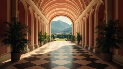 Fototapeta premium An ornate hall featuring high ceilings adorned with intricate frescoes and large arched windows that overlook a beautifully manicured garden.