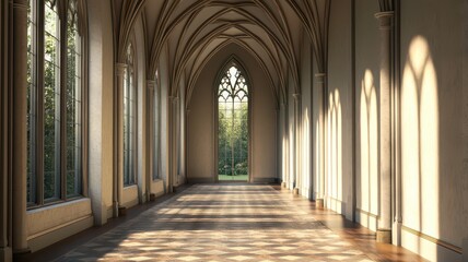 Fototapeta premium An ornate hall featuring high ceilings adorned with intricate frescoes and large arched windows that overlook a beautifully manicured garden.