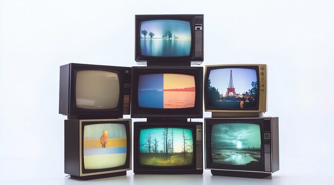 
A stack of old televisions displaying different scenes