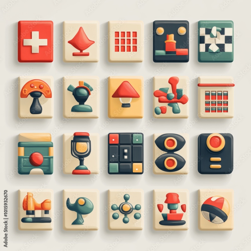 Poster colorful 3d game icons retro style ui design elements