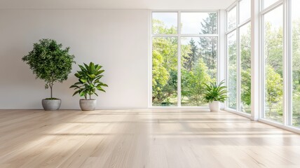 A spacious living room featuring an empty wall, characterized by minimalist decor and large windows that allow bright sunlight to flood the space.