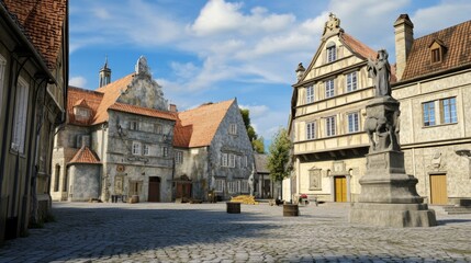 Obraz premium Medieval Town Square with Statue and Cobblestone Street