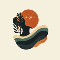Abstract Sunset Landscape with Wavy Lines and Plants in Earthy Tones