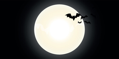 Happy Halloween Spooky Nighttime Scene with full moon and bats horizontal black background. vector ilustration