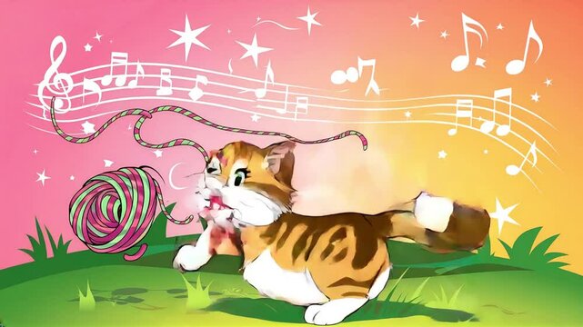 A cartoon cat with brown and white stripes plays with a pink and green yarn ball as musical notes fly in the air
