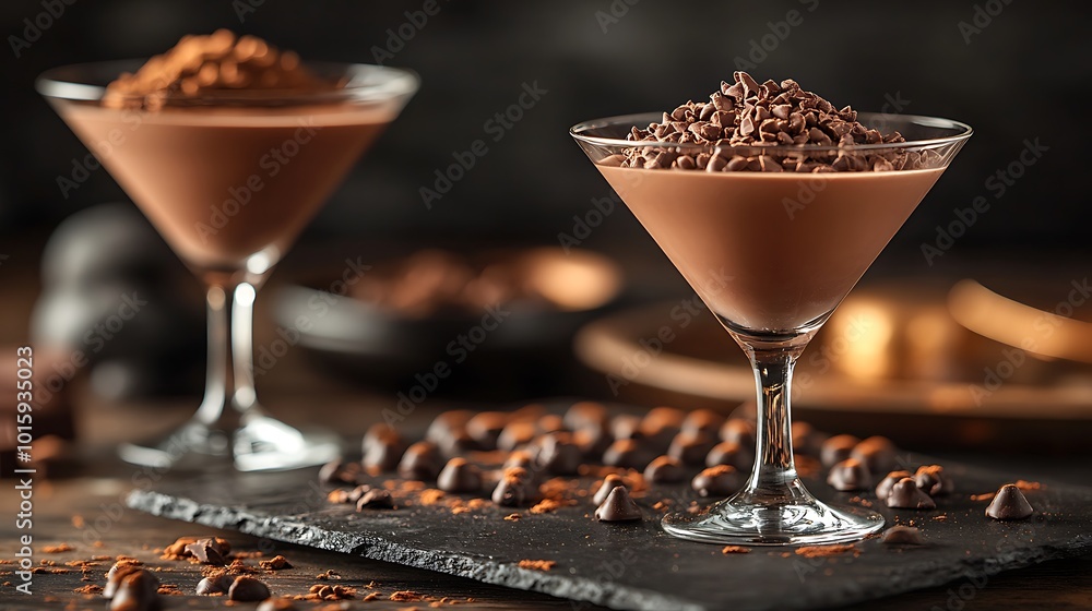 Wall mural two chocolate martini cocktails with chocolate shavings and cocoa powder on a dark wooden table.