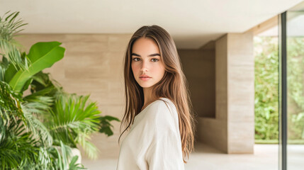 A young woman poses gracefully in a modern living space surrounded by greenery