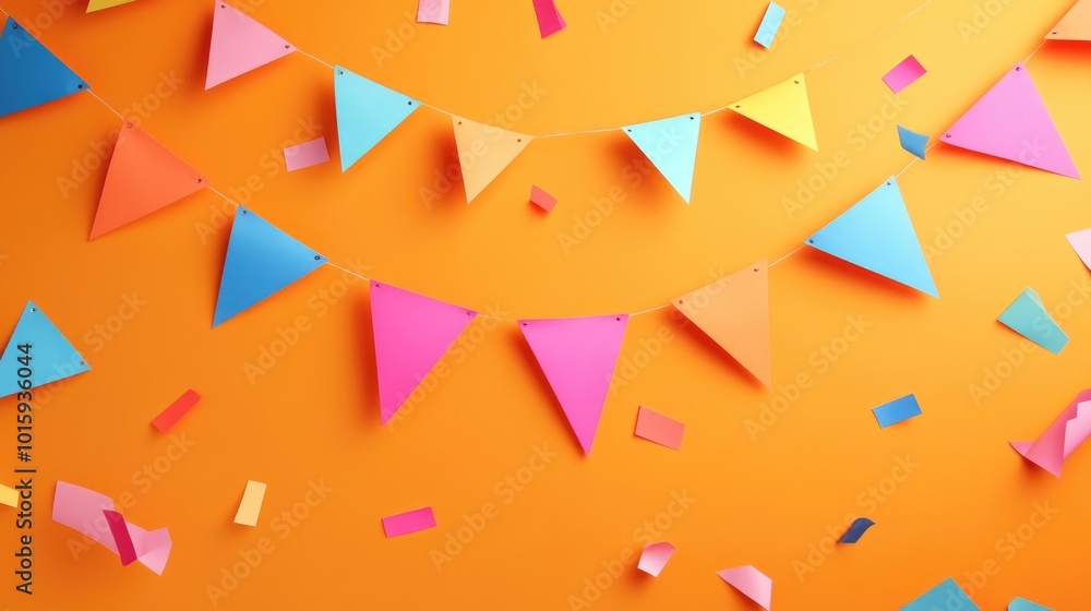 Poster abstract background with paper party flags on orange backdrop
