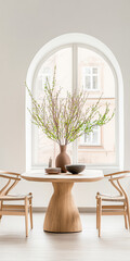 Modern dining area with a wooden table and decorative vase near a large window