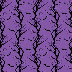 Tree branches gnarled old crooked and bats, Halloween pattern with black silhouettes on purple background.