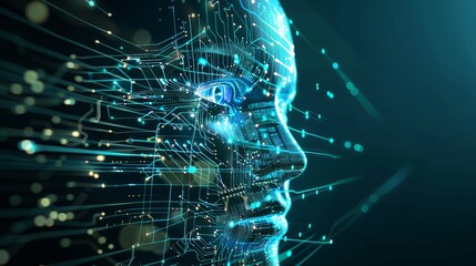 Holographic Human Face Surrounded by Digital Circuits