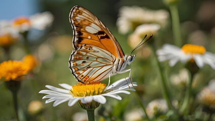 Daddy close-up sitting on a daisy in a flower field. orange and white butterfly close-up