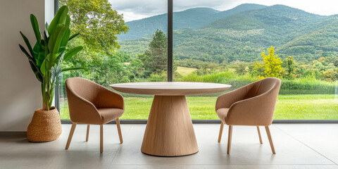 Contemporary dining area with a round wooden table and chairs overlooking serene mountain view