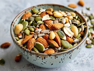 A bowl of mixed nuts and seeds including almonds