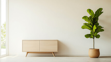 Modern interior design featuring a minimalist cabinet and a tall potted plant in natural light