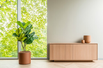 Modern interior featuring a leafy plant beside a wooden cabinet near a large window
