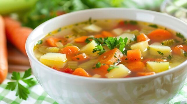 A comforting bowl of vegetable soup with chunks of carrot potato