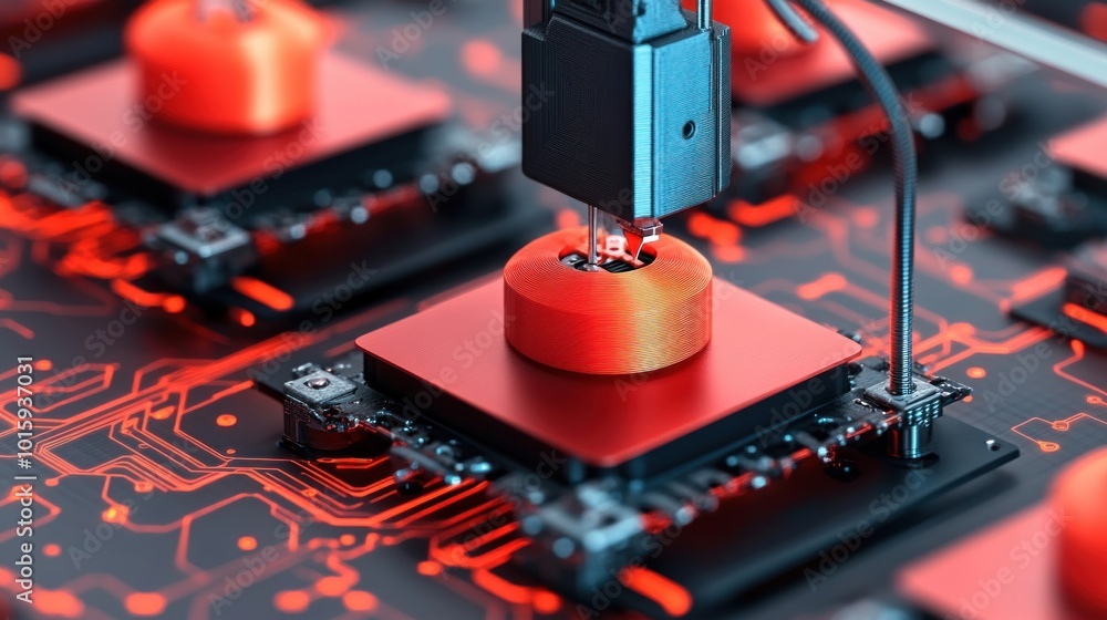 Poster 3d printed circuit board with red components and black machine