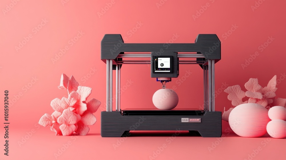 Poster 3d printer creating pink sphere object on pink background