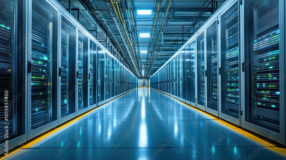 Poster Data Center Server Room with Rows of Racks and Servers