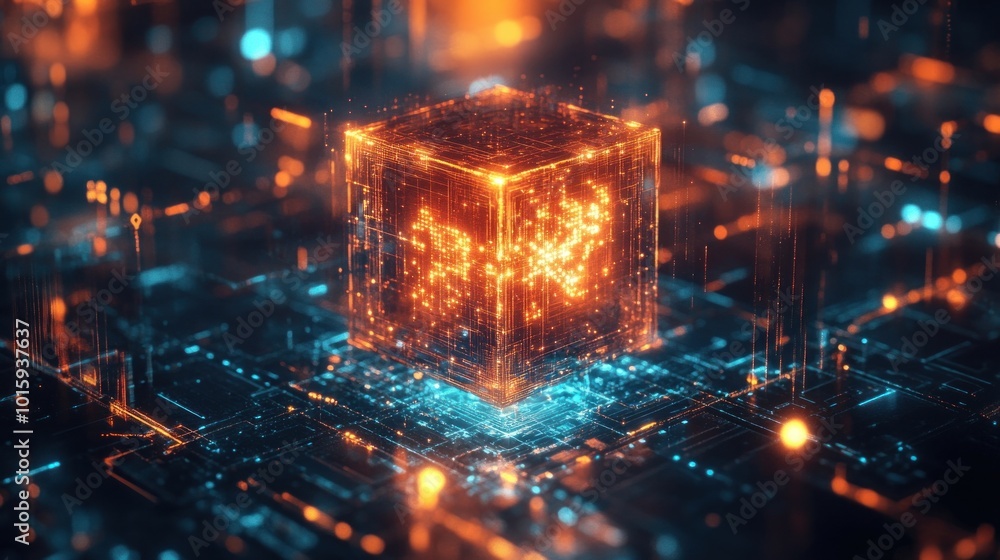 Poster Digital Cube with Glowing Lines and Circuit Board Background