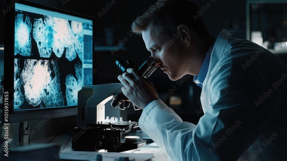 Poster scientist examining a sample under a microscope