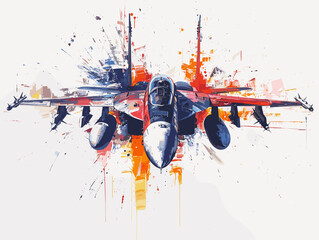 A fighter jet is painted in a very detailed and realistic manner. Concept of power and strength, as the jet is the main focus of the painting. The use of bold colors