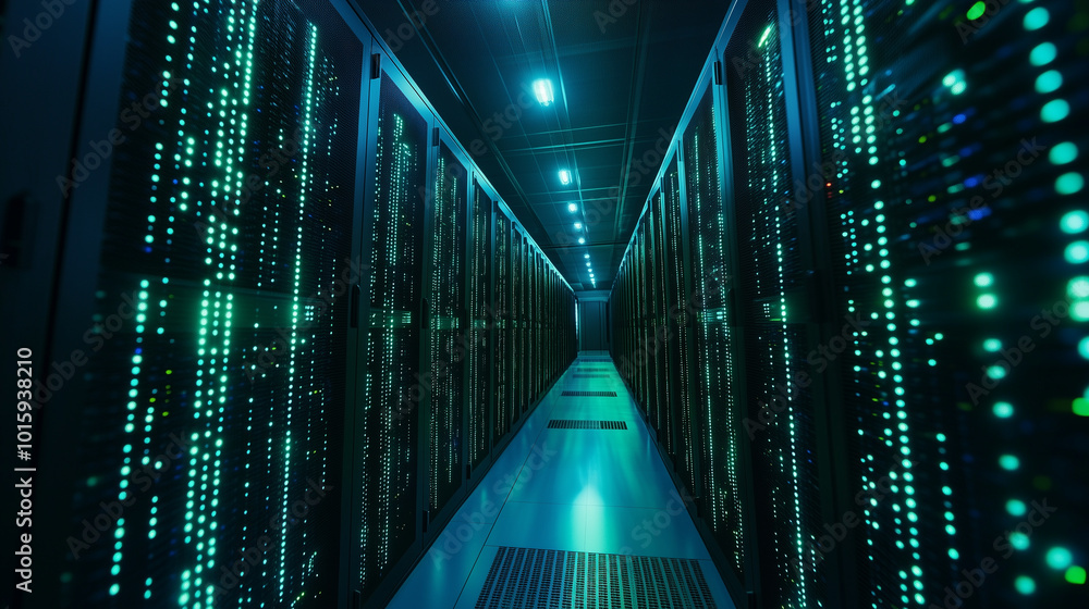 Poster streams of blue and green lights represent data flowing through towering racks of servers in a high-