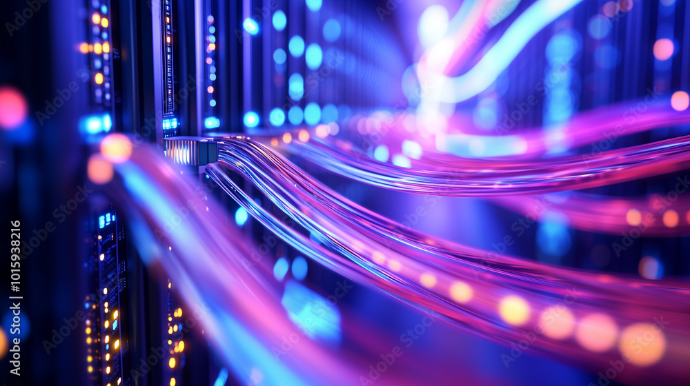 Poster an intricate network of data cables glowing in vibrant colors, weaving through a massive room of ser