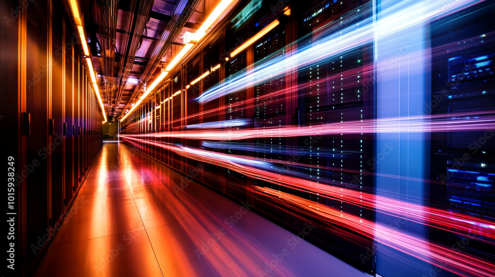 Poster a data center with walls lined with tall, sleek server racks, where beams of light represent the flo