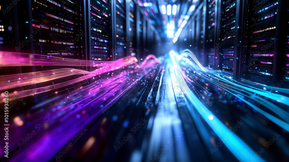 Poster an intricate network of data cables glowing in vibrant colors, weaving through a massive room of ser